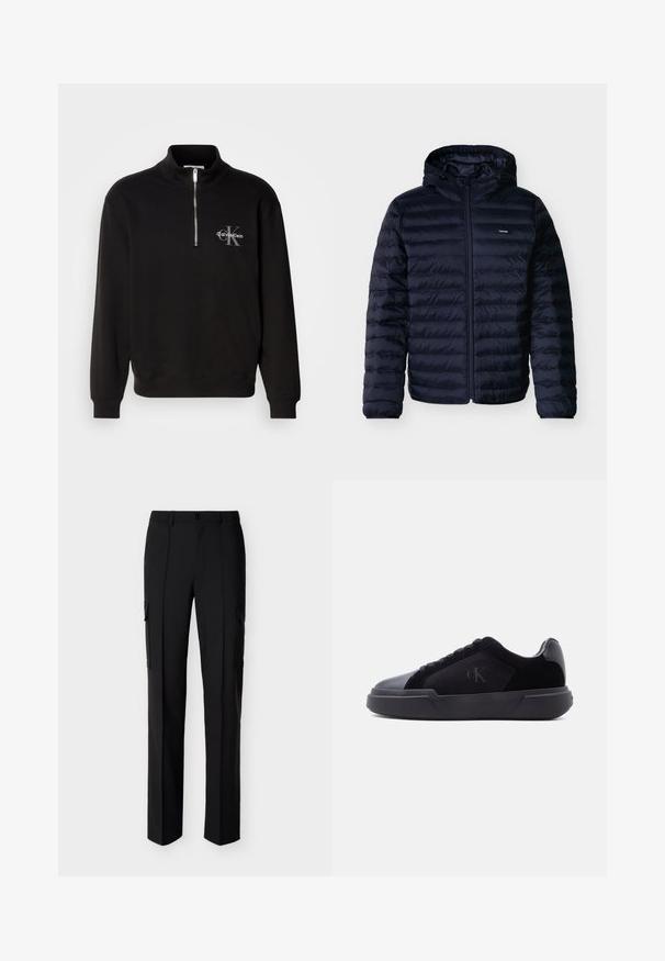 Donker marineblauwe gewatteerde jas met horizontale stiksels, ritssluiting aan de voorkant, vaste capuchon en klein Calvin Klein-logo op de borst.; Zwarte pullover met hoge kraag en kwart rits, met een grijze "Calvin Klein" logo en "K" embleem op de borst. Gemaakt van een katoenmix.; Zwarte rechte cargobroek met knoopsluiting aan de voorkant en zijflapzakken, weergegeven tegen een witte achtergrond.; Zwarte lage sneaker met dikke zool, veters aan de voorkant en een subtiel "cK"-logo op het zijpaneel.