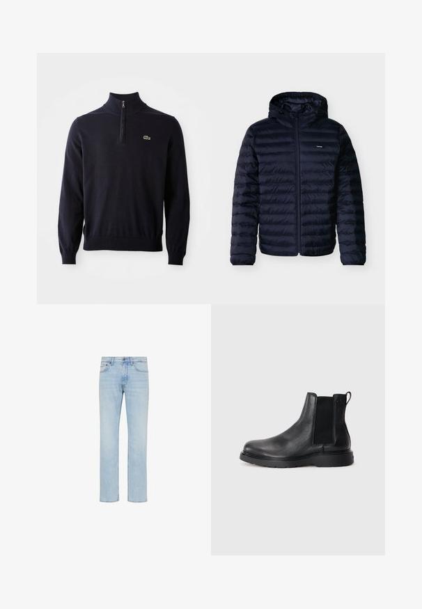 Mørk marineblå dunjakke med vandret quiltning, frontlynlås, fast hætte og lille Calvin Klein-logo på brystet.; Marineblå pullover med kvart-zip hals, ribbede manchetter og kant, lavet af blødt stof, med et lille grønt krokodillelogo på brystet.; Lyseblå straight-leg jeans i denim med forreste knap, lynlås og design med fem lommer vist på hvid baggrund.; Sorte læder chelsea støvler med tekstureret finish, elastiske sidepaneler og en robust gummisål. Subtil branding på hælen.