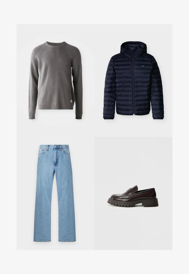 Dunkel marineblaue Steppjacke mit horizontaler Steppung, Frontreißverschluss, angesetzter Kapuze und kleinem Calvin Klein-Logo auf der Brust.; Grauer, gerippter Strickpullover mit langen Ärmeln und Rundhalsausschnitt. Mit einer strukturierten Oberfläche und einem kleinen Logopatch am Saum.; Hellblaue gerade geschnittene Jeans im Five-Pocket-Design mit Knopfverschluss an der Taille, präsentiert vor einem schlichten Hintergrund.; Burgunderrote Leder-Loafers mit dicker Gummisohle, geflochtenem Akzent an der Vorderseite und geprägtem Logo an der Ferse. Glatte Textur, elegantes Design.