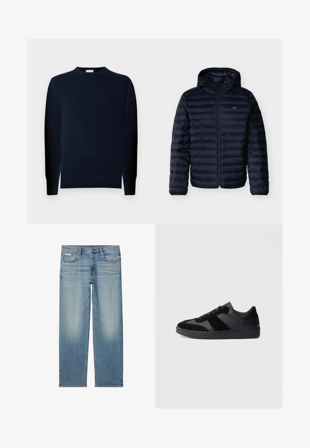 Tmavomodrá péřová bunda s horizontálnym prešívaním, predným zipsom, pripojenou kapucňou a malým logom Calvin Klein na hrudi.; Mladý muž s kučeravými vlasmi, oblečený v tmavom svetri s dlhým rukávom a tmavé nohavice, stojí na jednofarebnom sivom pozadí.; Svetlomodré džínsy s rovnými nohavicami s vyblednutými detailmi, predný gombík a zips, a dizajn s piatimi vreckami vrátane malej etikety Calvin Klein na vrecku.; Čierne tenisky s kombináciou hladkej kože a semišu, s textúrovanou čiernou gumovou podrážkou a jemným prúžkovaným detailom.