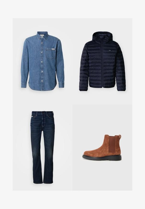 Tume tumesinine toppitud jope horisontaalsete õmblustega, esikülje tõmblukuga, kinnitatud kapuutsiga ja väikese Calvin Kleini logoga rinnal.; Keskmise sinise värvusega denimpooltüübi särk, millel on nupuga krae, pikad varrukad, eesmine tasku ja valged nupud. Omab veidi kõverat alumist serva.; Tumedast sinistest denimitest teksad, otse jalaridadega disainiga, õrnade tuhmumistega, nupuga kinnitusega ja traditsiooniliste viie taskuga stiiliga.; Pruunist nubukist pahkluu saapad elastsete külgpaneelide, tõmbenööri ja musta kummitaldaga. Sile tekstuur ja voolav siluett.