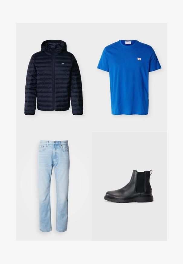 Tmavomodrá péřová bunda s horizontálnym prešívaním, predným zipsom, pripojenou kapucňou a malým logom Calvin Klein na hrudi.; Svetlomodré tričko s krátkym rukávom a okrúhlym výstrihom, s malou bielo-červenou nášivkou CK na ľavej strane hrude.; Svetlomodré džínsy s rovnými nohavicami, s vybledlými časťami, dizajnom s piatimi vreckami a klasickým zapínaním na gombíky.; Čierne kožené chelsea čižmy s textúrovaným povrchom, elastickými bočnými panelmi a pevným gumovým podpätkom. Diskrétny branding na päte.