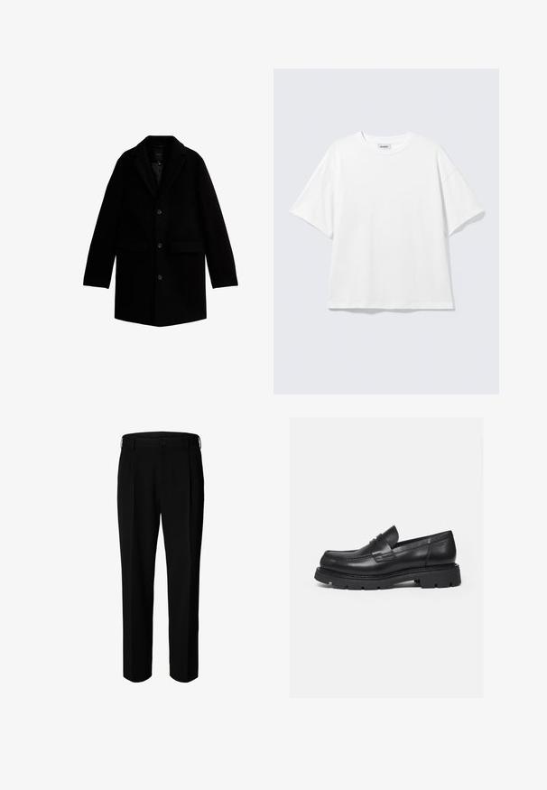 Zwarte wollen jas met een klassieke notch lapel, twee voorzakken en een sluiting met drie knopen. Soepele textuur en getailleerde silhoeette.; Witte oversized T-shirt met korte mouwen, ronde hals en verlaagde schouders, plat op een lichtgrijze achtergrond.; Zwarte formele broek met riemlussen, voorste knoop en ritssluiting, weergegeven tegen een witte achtergrond.; Zwarte leren loafer met dikke geribbelde zool en pennyriemdetail, getoond in rechter zijprofiel op witte achtergrond.