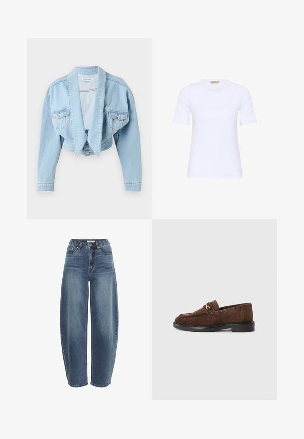 Hellblaue cropped Denimjacke mit übergroßen Revers, geknöpften Brusttaschen und langen Ärmeln auf weißem Hintergrund.; Schlichtes weißes T-Shirt mit kurzen Ärmeln und Rundhalsausschnitt, gerader Saum, auf weißem Hintergrund dargestellt.; Hoch taillierte, locker sitzende blaue Jeans aus Denim, mit Knopfverschluss, fünf Taschen und dezenter Ausbleichung des Stoffes.; Braune Wildleder-Slipper mit runder Spitze, goldenen Hardware-Akzenten und einer flachen schwarzen Sohle, gestaltet mit minimalistischem Design.