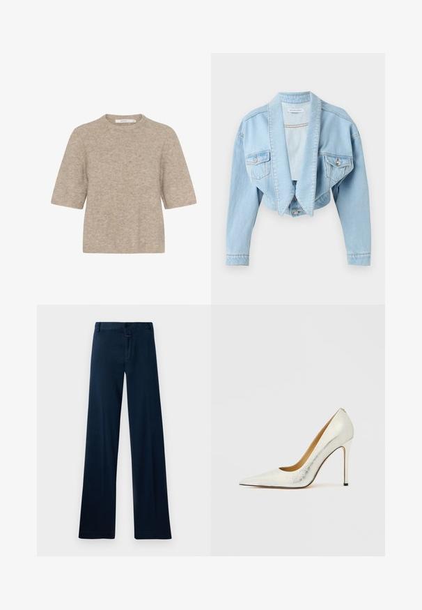 Veste en denim bleu clair courte avec grands revers, poches poitrine boutonnées et manches longues sur fond blanc.; Pull léger beige à manches courtes en tricot doux, avec un col rond et une coupe décontractée. La texture est légèrement duveteuse.; Pantalons large bleu marine en tissu lisse. Présentent une fermeture à bouton à l'avant, des passants de ceinture et un ourlet propre. Pas de motifs ou d'accents visibles.; Chaussure à talon haut en cuir blanc avec un bout pointu et une finition texturée. Dotée d'un talon aiguille élancé et d'une doublure intérieure lisse.