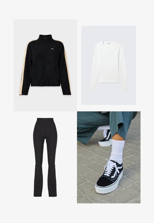 Sort fleecetrøje med fuld lynlås foran, høj krave, beige striber langs ærmerne og lille logo på venstre bryst.; Langærmet, enkel hvid T-shirt med rund halsudskæring og tætsiddende pasform, vist mod en lysegrå baggrund.; Sorte flared leggings lavet af strækbart stof, med en høj talje og glat tekstur, designet til komfort og bevægelighed.; Sorte ruskinds sneakers med hvide accenter og snørebånd, der har en tyk hvid sål og kontrasterende syninger, parret med en hvid sok.