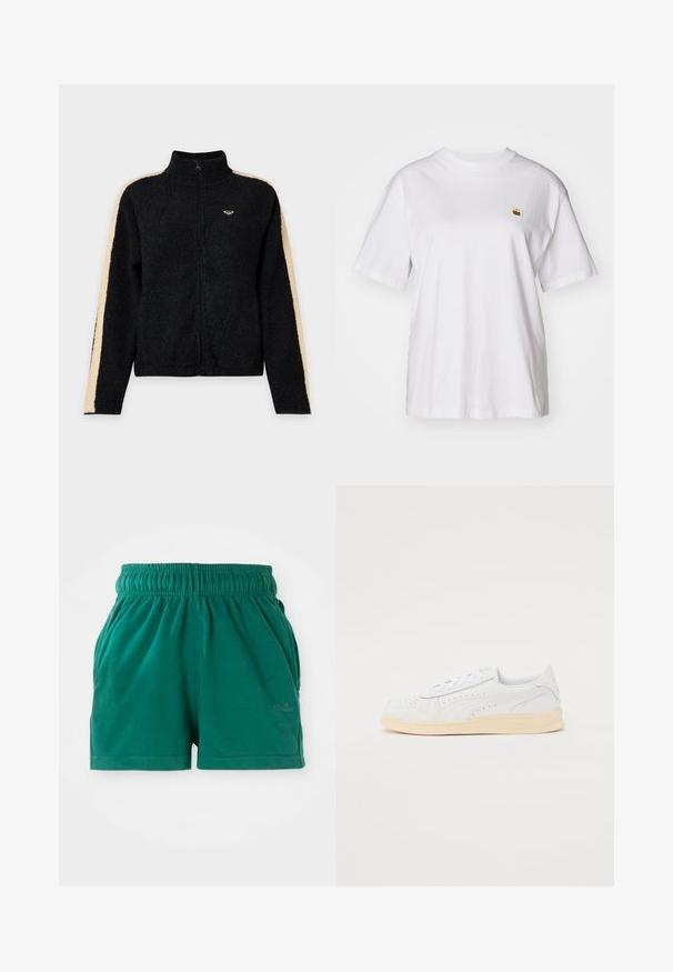 Veste polaire noire avec fermeture éclair intégrale à l'avant, col montant, bandes beiges le long des manches et petit logo sur la poitrine gauche.; T-shirt en coton blanc avec une coupe décontractée, des manches courtes et un petit logo brodé sur la poitrine gauche.; Shorts décontractés verts à taille élastique avec poches latérales et logo discret sur la cuisse droite.; Baskets avec une tige en synthétique blanc, design perforé, lacets plats et semelle en caoutchouc crème. Présente un logo sur le talon et le côté.