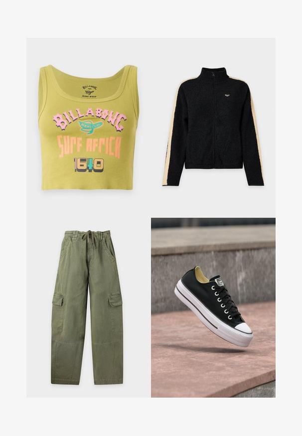 Sort fleecetrøje med fuld lynlås foran, høj krave, beige striber langs ærmerne og lille logo på venstre bryst.; Grøn cropped tank top med pink, orange og multicolorer "Billabong Surf Africa 1640" tekst og et lille logo i midten foran.; Olivenfarvede cargobukser med snøre i taljen, sidelommer, klaplåslommer på lårene og lige, vide ben.; Sort lavskoet sneaker med hvid gummisål og tåhætte, som står på en lyserød betonoverflade nær en grå stenbænk.