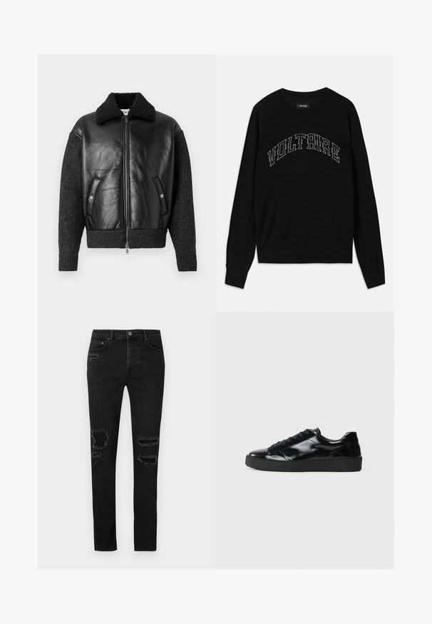 Iceberg GIUBBOTTO - Kunstlederjacke - nero; Schwarzer Pullover mit Rundhalsausschnitt und langen Ärmeln. "VOLTAIRE" in kontrastierender Steppung über der Brust. Weicher Stoff und figurbetonter Schnitt.; Schwarze Jeans aus Denim mit schlanker Passform, die an den Knien ausgefranste Risse, tonale Nähte und einen klassischen Knopf- und Reißverschluss haben.; Schwarze Lackledersneaker mit runder Zehenform, Schnürdesign, strukturiertem Gummisohle und glatter Oberfläche.