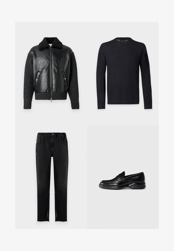 Iceberg GIUBBOTTO - Chaqueta de cuero sintético - nero; Jersey negro de manga larga con cuello redondo, patrón texturizado sutil, puños y bajo acanalados, exhibido sobre un fondo liso de color gris claro.; Vaqueros negros de denim con cinturilla elástica, corte recto, detalles desgastados y dobladillo desflecado. Presenta bolsillos y cierre con botón.; Mocasines de piel negra con una suela de goma texturizada y baja, y un diseño de costura en la parte superior. Presenta una punta redondeada y mínimas ornamentaciones.