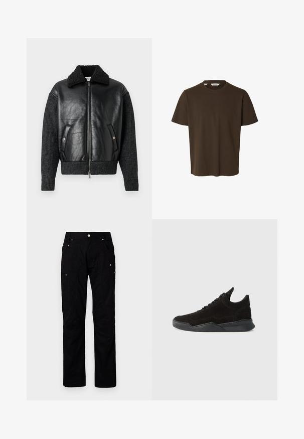 Iceberg GIUBBOTTO - Chaqueta de cuero sintético - nero; Camiseta lisa de color marrón oscuro, de manga corta y cuello redondo, mostrada sobre un fondo blanco, con la etiqueta "Selected" visible dentro del cuello.; Pantalones cargo negros fabricados con tejido duradero, que cuentan con múltiples bolsillos, costuras reforzadas y accesorios de metal para una mayor funcionalidad.; Zapatilla de ante negro con un perfil bajo, parte superior texturizada, cordones planos y una suela de goma sólida que presenta un ligero tacón y un diseño curvado.