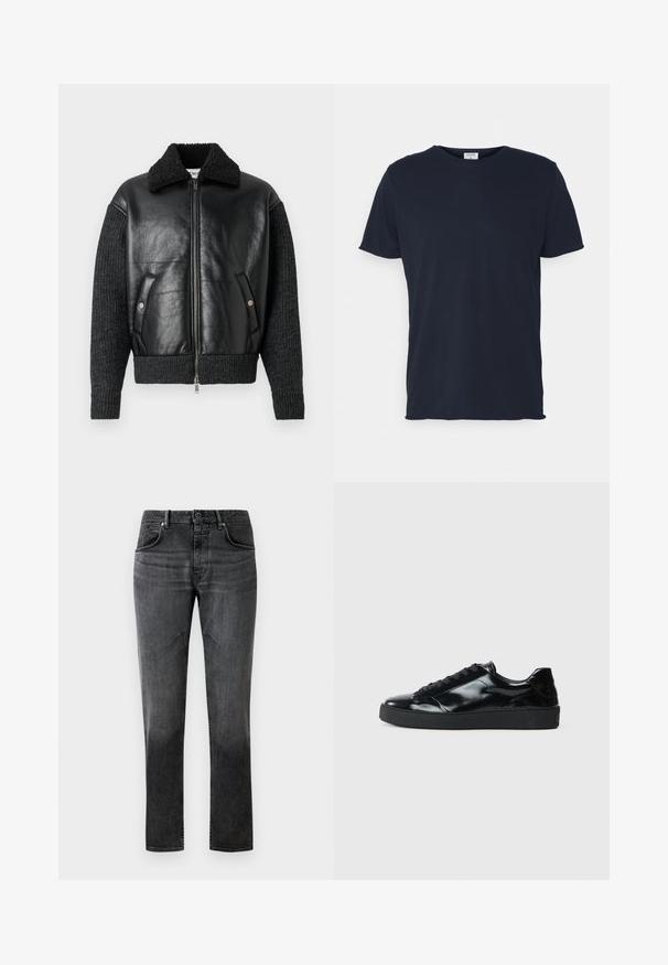 Iceberg GIUBBOTTO - Imiteret læderjakke - nero; Marineblå bomulds t-shirt med rund hals og korte ærmer, med en glat tekstur og enkel design, uden synlige mønstre eller accenter.; Sorte denim jeans med lige pasform, fem-lomme design og subtilt slid. Har en knaplukning og bæltestropper. Glat tekstur.; Sorte laklæder sneakers med rund tå, snørredesign, tekstureret gummisål og en glat overflade.
