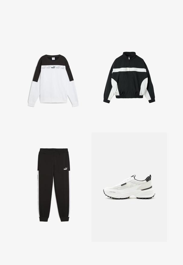 Veste coupe-vent zippée noir et blanc avec une bande blanche horizontale sur la poitrine et des panneaux blancs sur les manches. Poignets et ourlet élastiques.; Sweatshirt blanc avec un panneau supérieur noir, arborant un logo "PUMA" gris répété. Fabriqué en tissu doux avec des manches longues et un col rond.; Pantalons de survêtement noirs avec une taille élastique, des poches latérales et des rayures blanches sur les côtés avec des détails de logo. Fabriqués en tissu doux et extensible.; Baskets blanches Calvin Klein avec une tige en mesh, une semelle épaisse, un talon noir et un marquage noir sur le côté et l’avant.