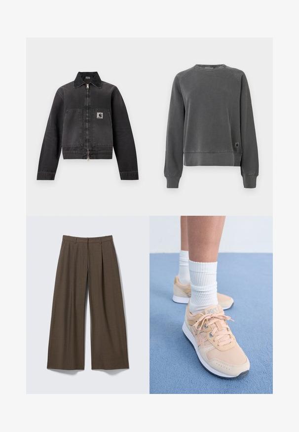 Zwarte werkjas met ritssluiting, puntige kraag, twee grote voorzakken en een logopatch op de linkerzak.; Crewneck sweatshirt in donkergrijs weefsel, met ribbels aan de manchetten en onderkant, en een klein logo-patch aan de onderzijde. Zachte textuur.; Bruine brede pijpen broek met krijtstreep, riemlussen en voorplooien, plat uitgestald op een lichtgrijze achtergrond.; Licht perzikkleurige sportschoenen met een bovenwerk van textiel, witte rubberen zool en vetersluiting. Gecombineerd met geribbelde witte sokken en geplaatst op een blauwe ondergrond.
