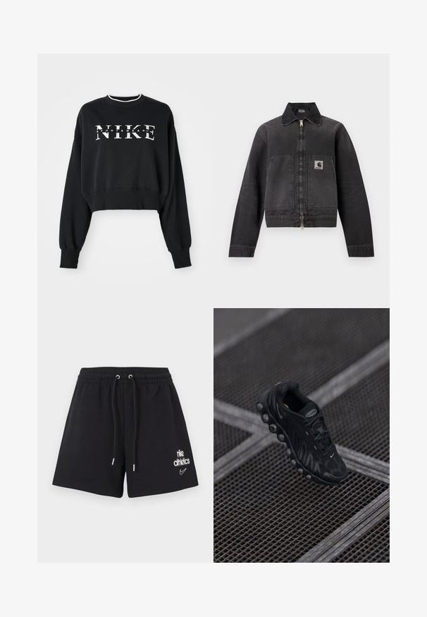 Schwarze Arbeitsjacke mit Reißverschluss, spitzem Kragen, zwei großen Fronttaschen und einem Logopatch auf der linken Tasche.; Schwarzer, gekürzter Pullover aus Baumwolle mit weißem Druck "NIKE" und "SPORTSWEAR", mit gerippten Bündchen und Kragen.; Schwarze Sportshorts aus Baumwolle mit elastischem Bund und Kordelzug sowie einem aufgedruckten Nike-Logo auf dem linken Oberschenkel.; Schwarzer Sportschuh mit strukturiertem Obermaterial, runder Sohle und sichtbarer Luftpolsterung. Verfügt über ein Schnürdesign und ein Markenlogo-Detail.