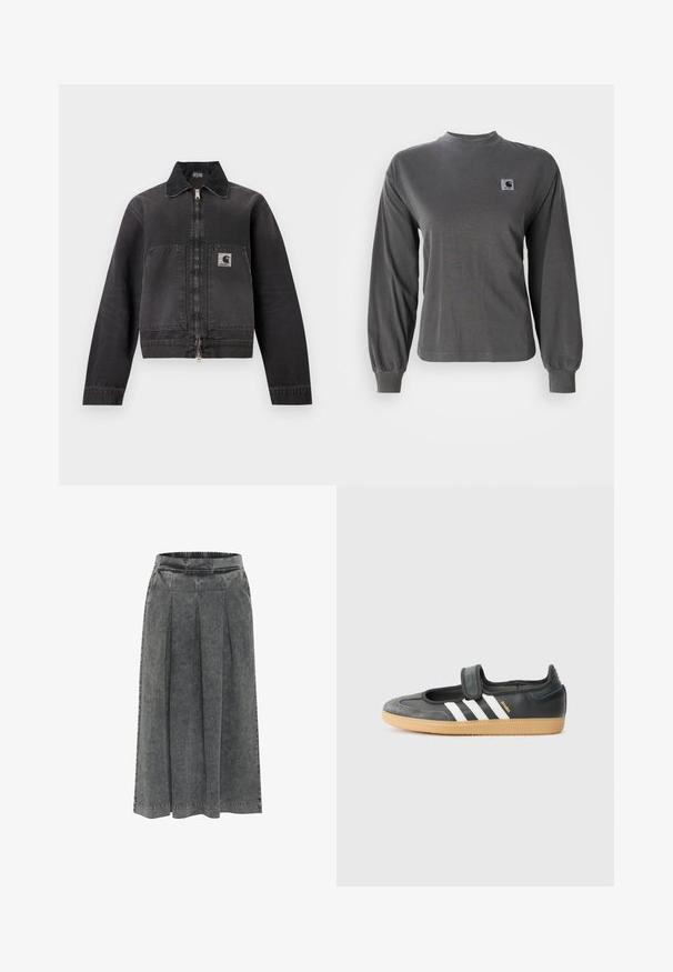 Schwarze Arbeitsjacke mit Reißverschluss, spitzem Kragen, zwei großen Fronttaschen und einem Logopatch auf der linken Tasche.; Langärmliges graues T-Shirt aus Baumwolle, mit rundem Ausschnitt und elastischen Bündchen, mit einem kleinen quadratischen Logo auf der Brust.; Grauer Jeansrock mit Falten, elastischem Bund, knielang und mit strukturierter Oberfläche. Einfaches Design ohne sichtbare Muster oder Verzierungen.; Schwarze Leder- und Wildledersneaker mit einem Klettverschluss, ausgestattet mit drei weißen Streifen und einer Gummisohle, beschriftet mit "SAMBA" an der Seite.