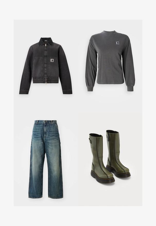 Veste de travail noire zippée avec col pointu, deux grandes poches avant et un écusson logo sur la poche gauche.; T-shirt à manches longues gris en coton, avec un col rond et des poignets élastiques, arborant un petit logo carré sur la poitrine.; Jean en denim à jambes larges en délavé bleu. Présente une fermeture à bouton, cinq poches et des coutures visibles. Le matériau a une texture lisse.; Une paire de bottes en cuir vert olive mi-mollet avec des semelles épaisses noires et des surpiqûres oranges, dotées de fermetures éclair sur le côté et d'un détail de sangle à l'arrière du dessus.