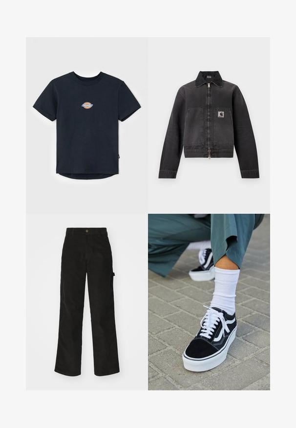 Chaqueta de trabajo negra con cremallera, cuello puntiagudo, dos grandes bolsillos delanteros y un parche con logo en el bolsillo izquierdo.; Camiseta de algodón negra con mangas cortas, cuello redondo y un pequeño logo multicolor en el pecho. Tiene un dobladillo recto y la parte trasera es ligeramente más larga.; Pantalones de pana negros con un diseño de pierna recta, que presentan un cierre de botón y bolsillo lateral. Textura suave con finas rayas verticales.; Zapatillas de ante negro con acentos y cordones blancos, que cuentan con una gruesa suela blanca y costuras en contraste, combinadas con un calcetín blanco.