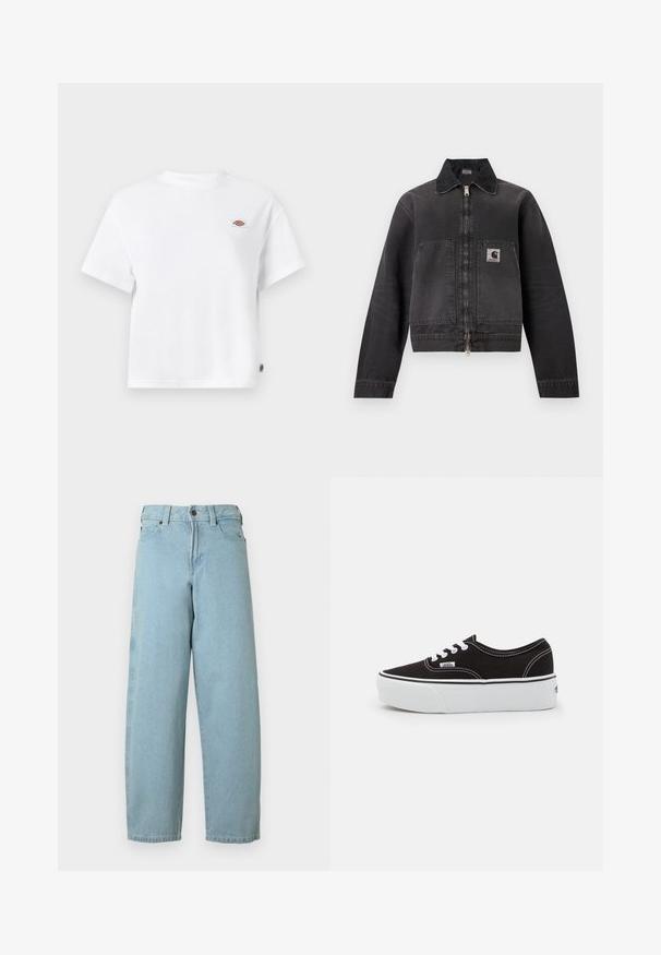 Chaqueta de trabajo negra con cremallera, cuello puntiagudo, dos grandes bolsillos delanteros y un parche con logo en el bolsillo izquierdo.; Camiseta blanca de algodón con un corte relajado, que presenta un pequeño parche con logo en el pecho y una etiqueta en el costado para un detalle adicional.; Vaqueros de mezclilla azul claro con un corte relajado, piernas rectas, diseño de cinco bolsillos y cierre de botón metálico en la cintura.; Zapatilla de lona negra con suela de plataforma de goma blanca, que presenta cordones y costuras blancas, con branding icónico en el lateral, diseño de corte bajo.