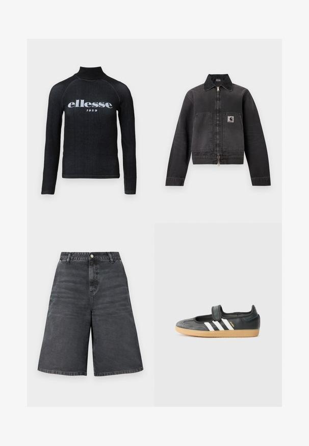 Zwarte werkjas met ritssluiting, puntige kraag, twee grote voorzakken en een logopatch op de linkerzak.; Zwarte longsleeve top met een hoge kraag, voorzien van een witte bedrukte "ellesse 1959" logo op de borst; zachte, rekbare stof.; Zwarte high-waist denim shorts met knoop- en ritssluiting, riemlussen en een losse, wijde pasvorm.; Zwarte leren en suède sneaker met een klittenbandsluiting, voorzien van drie witte strepen en een gumzool, met de naam "SAMBA" aan de zijkant.
