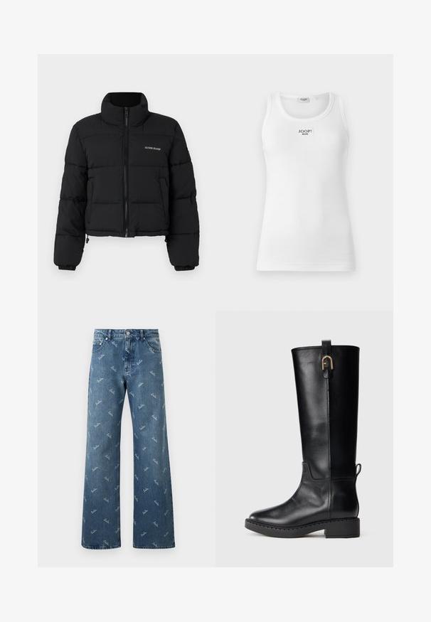 Schwarze, cropped Pufferjacke mit hohem Kragen, Reißverschlussfront, gesteppten Paneelen und dem auf die linke Brust gestickten "GUESS JEANS"-Logo.; Weißes Tanktop aus geripptem Stoff mit rundem Ausschnitt und einem rechteckigen Etikett mit "JOOP! JEANS" auf der Vorderseite.; Hellblaue Denim-Jeans im weit geschnittenen Design, mit einem wiederholten 'lala'-Logo-Muster in Weiß und einem klassischen Fünf-Taschen-Stil.; Schwarze Lederstiefel bis zum Knie mit glatter Oberfläche, runder Zehe, niedrigem Blockabsatz und goldfarbenen Akzenten am Rand.