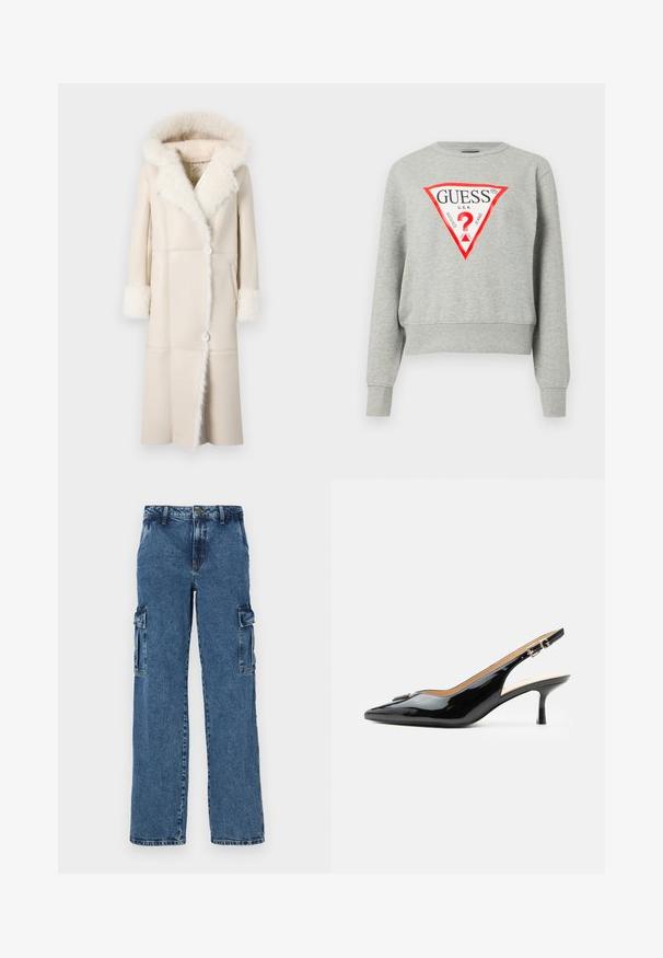 Lange crèmekleurige jas met een nep bont capuchon en manchet, sluiting met knopen aan de voorkant en een rechte silhoët met paneel-detailing.; Grijze sweatshirt met rood driehoekig logo met de tekst "GUESS U.S.A.", lange mouwen, ribgebreide boorden en zoom, gemaakt van zachte stof.; Blauwe denim cargo broek met een ontspannen pasvorm, voorzien van twee zijzakken, versterkte stiksels en een recht gesneden ontwerp.; Zwarte lakleren slingback hak met spitse neus, kleine kittenhak en zilveren gespsluiting op een effen witte achtergrond.