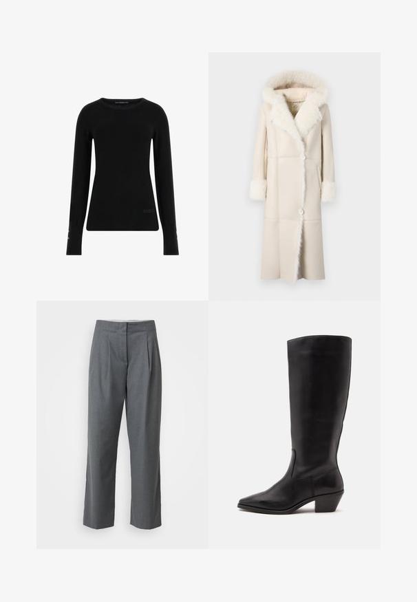 Manteau long couleur crème avec une capuche et des poignets en fausse fourrure, fermeture par boutons à l'avant, et une silhouette droite avec des détails en panneaux.; Pull noir à manches longues en tissu lisse, avec un col rond et un logo subtil à l'avant, agrémenté de boutons décoratifs sur les manches.; Pantalons gris ajustés à coupe droite, avec une texture lisse, des plis devant et des poches latérales. Pas de quincaillerie ou d'accents visibles.; Botte en cuir noire mi-mollet avec un bout pointu et un talon bas incliné sur un fond clair uni.