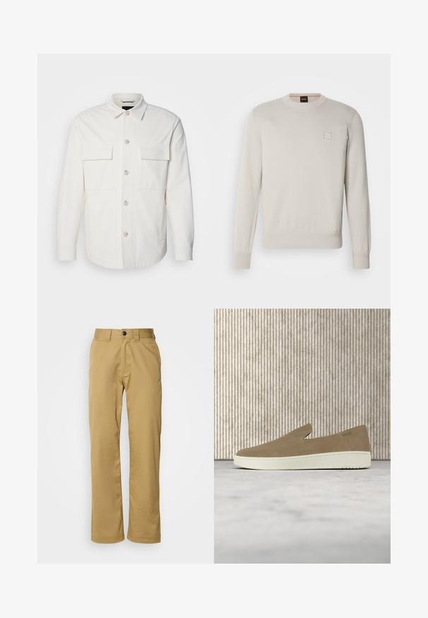 Chaqueta blanca de camisa hecha de una tela suave, con dos bolsillos frontales, un cierre de botón con botones de color claro y un cuello clásico.; Suéter de punto de color beige claro con mangas largas, escote redondo, dobladillo y puños acanalados, que presenta un pequeño logo rectangular en el pecho.; Pantalones beig confeccionados en una tela suave, con un ajuste estándar, dos bolsillos laterales y un cierre de botón en la cintura.; Zapato beige sin cordones con suela blanca, mostrado en el aire sobre una alfombra clara con muebles transparentes de color ámbar al fondo.