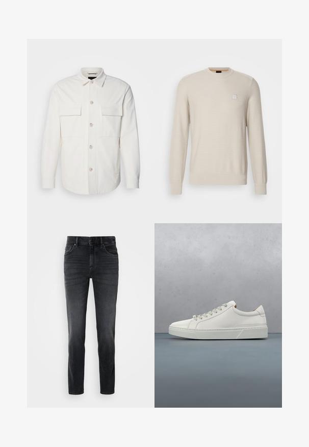Hvid skjortejakke lavet af blødt stof, med to forlommer, en knaplukning med lyse knapper og en klassisk krave.; Lys beige sweater lavet af struktureret stof. Har en rund hals, lange ærmer og et lille firkantet logo på brystet.; Sorte denimjeans med slim fit, der har en mellemhøj talje, klassisk fem-lomme design og subtle falmning på benene.; Hvid lædersneaker med rund tå, minimalistisk design, grå snørebånd og en tekstureret grå gummisål. Subtile syningsdetaljer er synlige.