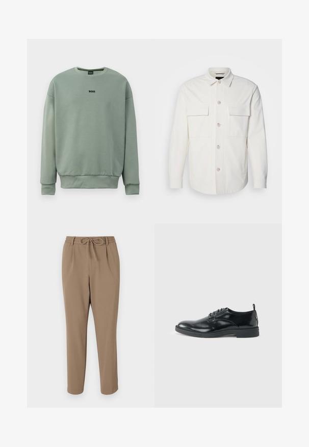 Veste blanche en tissu doux, dotée de deux poches avant, d'une fermeture à boutons avec des boutons de couleur claire et d'un col classique.; Sweatshirt vert menthe en tissu doux doté d'un col rond, de poignets côtelés et du logo "BOSS" brodé en noir à l'avant.; Pantalons beiges fuselés avec une taille à cordon de serrage, des poches latérales et une texture lisse. Aucun motif visible ni accent supplémentaire.; Chaussure habillée en cuir noir brillant avec un petit talon, fermeture à lacets et bout rond, vue de côté sur un fond uni et clair.