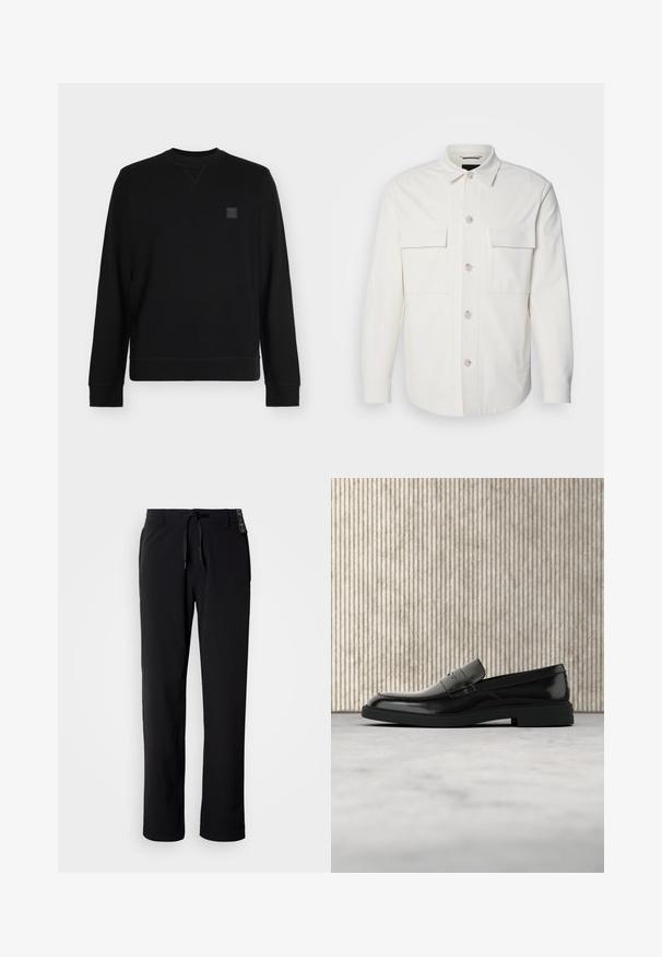Veste blanche en tissu doux, dotée de deux poches avant, d'une fermeture à boutons avec des boutons de couleur claire et d'un col classique.; Sweat-shirt noir à manches longues avec col rond, poignets et ourlet côtelés, avec un petit patch logo carré sur la partie supérieure gauche de la poitrine.; Pantalon noir et léger avec une coupe droite. Doté d'une taille à cordon de serrage et d'une texture lisse. Convient pour une tenue décontractée.; Mocassin en cuir noir poli flottant au-dessus d'un tapis beige avec un mobilier translucide orange en arrière-plan.