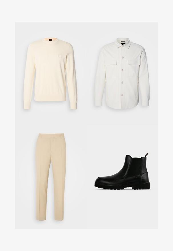 Witte shirtjas van zacht materiaal, met twee voorzakken, een knoopsluiting met lichte knopen en een klassieke kraag.; Crème-kleurige trui met een ronde hals, lange mouwen en een klein vierkant logo op de borst. Gemaakt van zachte, premium stof.; Beige op maat gemaakte broek met een recht gesneden ontwerp, gemaakt van lichtgewicht stof, met twee voorzakken en nette, geplooide vouwen.; Zwarte leren enkellaars met een gestructureerde zool, elastische zijpanelen en een trekriempje op een lichtgrijze achtergrond.