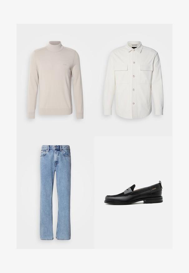 Witte shirtjas van zacht materiaal, met twee voorzakken, een knoopsluiting met lichte knopen en een klassieke kraag.; Lichtbeige coltrui van zachte stof. Voorzien van geribde manchetten en zoom, met een subtiele logo op de borst. Klassiek ontwerp.; Lichtblauwe denim jeans met een recht ontwerp, vijf zakken en een knoopsluiting. Stikdetails nabij de zakken en de tailleband.; Zwarte leren loafer met grijs riemdetailelement, lage hak en gestructureerde zool, aan de zijkant gebrandmerkt met "HUGO" in goud.