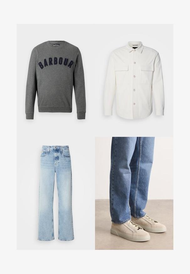 Weißes Hemd-Jackett aus weichem Stoff, mit zwei Fronttaschen, einer Knopfverschluss mit hellen Knöpfen und einem klassischen Kragen.; Grauer Sweatshirt mit Rundhalsausschnitt und einem erhabenen, dunkelblauen "Barbour"-Logo auf der Vorderseite. Hergestellt aus weichem Material mit gerippten Bündchen.; Helle blaue weite Jeans mit hoher Taille, in verwaschenem Finish, mit Gürtelschlaufen und klassischem Fünf-Taschen-Design. Der Saum ist ungesäumt.; BOSS GARYTENN_SDHDEL - Sneaker low - natural ten