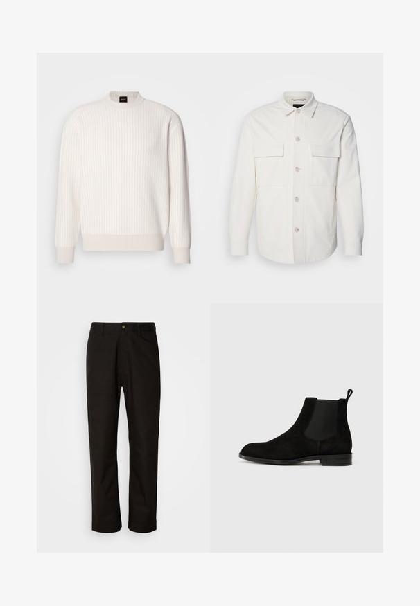Hvid skjortejakke lavet af blødt stof, med to forlommer, en knaplukning med lyse knapper og en klassisk krave.; Hvid ribbet sweater med rund halsudskæring og lange ærmer. Har et tekstureret stof med en blød finish og subtile vandrette linjer.; Sorte bomuldsbukser med lige pasform, bæltestropper, lynlås foran og en enkelt knappelukning. Glat tekstur uden synlige mønstre.; Sort ruskinds Chelsea-støvle med elastiske sidepaneler, rund tå og en pull tab. Flad sål med et diskret prægede logo på hælen.
