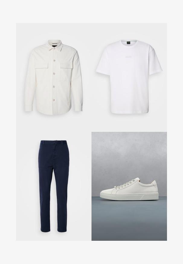 Hvid skjortejakke lavet af blødt stof, med to forlommer, en knaplukning med lyse knapper og en klassisk krave.; Hvid bomulds T-shirt med korte ærmer, rund halsudskæring og præget "BOSS" logo på brystet. Glat tekstur, standard pasform.; Mørkeblå chinos lavet af letvægtsstof, med lige ben-design, knaplukning og sidelommer. Glat tekstur uden mønstre.; Hvid lædersneaker med rund tå, minimalistisk design, grå snørebånd og en tekstureret grå gummisål. Subtile syningsdetaljer er synlige.