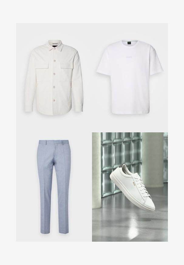 Veste blanche en tissu doux, dotée de deux poches avant, d'une fermeture à boutons avec des boutons de couleur claire et d'un col classique.; T-shirt en coton blanc à manches courtes, col rond, avec un logo « BOSS » en relief sur la poitrine. Texture lisse, coupe standard.; Pantalons ajustés bleu clair avec une texture de tissu lisse, dotés d'un devant plat, de deux poches frontales et d'un design slim.; Baskets basses en cuir blanc avec lacets, languette de talon noire et logo « BOSS », flottant à l'intérieur près d'un mur en blocs de verre et d'un sol poli.