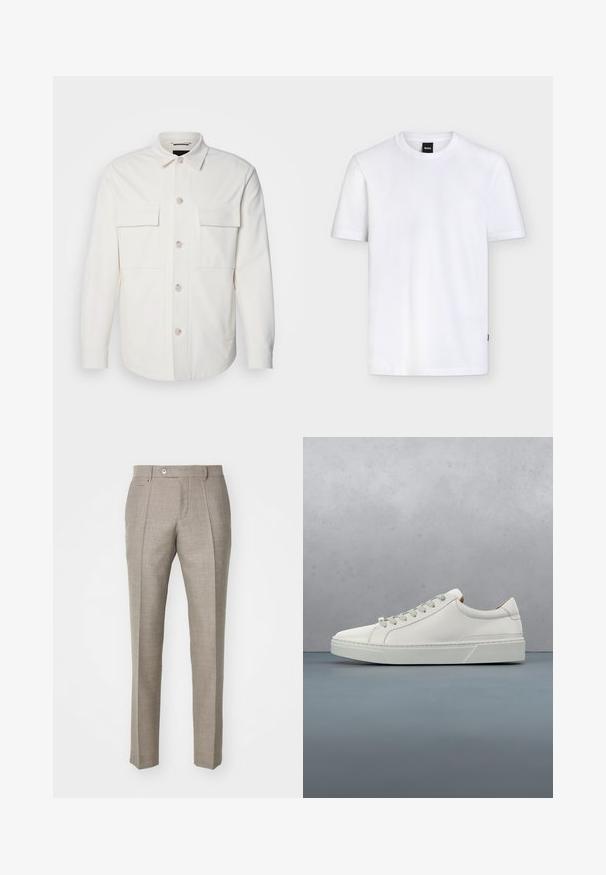 Veste blanche en tissu doux, dotée de deux poches avant, d'une fermeture à boutons avec des boutons de couleur claire et d'un col classique.; T-shirt blanc uni à manches courtes et col rond avec une petite étiquette de marque noire au niveau du col et une texture subtile sur le tissu.; Pantalons taillés beiges avec une finition en relief, dotés d'une fermeture à bouton et de deux poches latérales. Design structuré avec une silhouette à jambe droite.; Baskets en cuir blanc avec un bout arrondi, design minimaliste, lacets gris et semelle en caoutchouc gris texturé. Détails de couture subtils visibles.