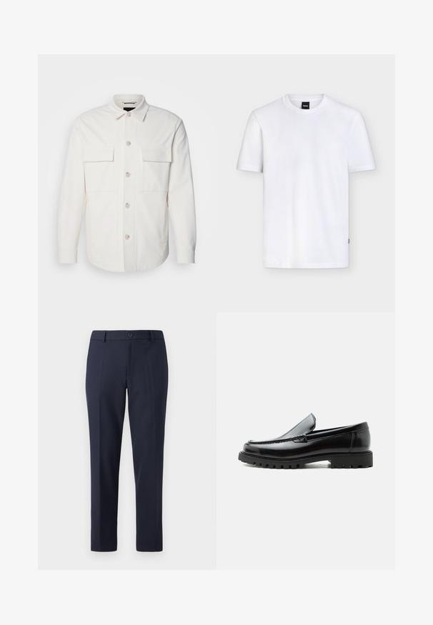 Witte shirtjas van zacht materiaal, met twee voorzakken, een knoopsluiting met lichte knopen en een klassieke kraag.; Effen wit T-shirt met korte mouwen en ronde hals, met een klein zwart merklabel aan de kraag en subtiele textuur in de stof.; Marineblauwe broek van gladde stof, met een rechte snit, riemlussen en een enkele knoopsluiting in de taille.; Zwarte leren loafer met dikke rubberen zool, gestikte bovenkant en gegraveerde merknaam op de hiel, zijaanzicht op witte achtergrond.