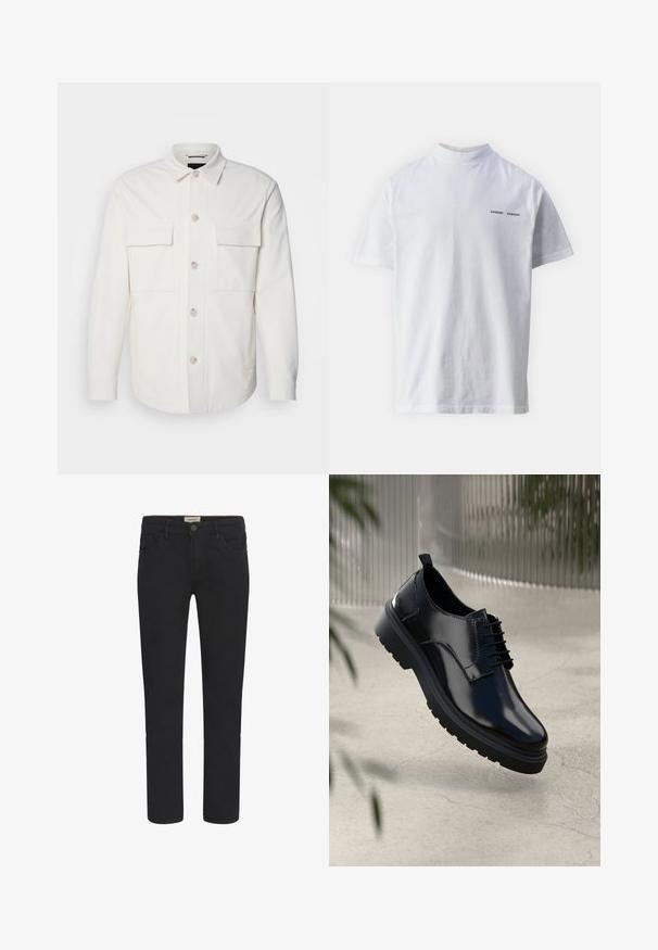 Hvid skjortejakke lavet af blødt stof, med to forlommer, en knaplukning med lyse knapper og en klassisk krave.; Hvid bomulds t-shirt med høj halsudskæring og korte ærmer. Har "SAMSØE SAMSØE" logo i sort på forsiden. Glat tekstur.; Sorte denimjeans med lige pasform, fem-lomme design og knaplukning foran. Glat tekstur med subtile syninger.; Sorte lædersko med en blank overflade, rund tå, snøredesign, kontrastsyninger og en tyk gummisål med mønster.