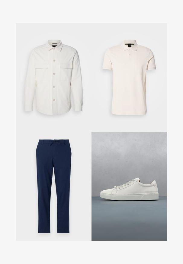 Chaqueta blanca de camisa hecha de una tela suave, con dos bolsillos frontales, un cierre de botón con botones de color claro y un cuello clásico.; Camisa polo de color crema, hecha de tejido suave, con un cuello clásico, dos botones y un sutil detalle de logotipo en el pecho.; Pantalones azul marino de material ligero con cintura ajustable y perneras estrechas, que cuentan con bolsillos delanteros y traseros.; Zapatilla blanca de cuero con punta redondeada, diseño minimalista, cordones grises y suela de goma texturizada gris. Detalles de costura sutiles visibles.