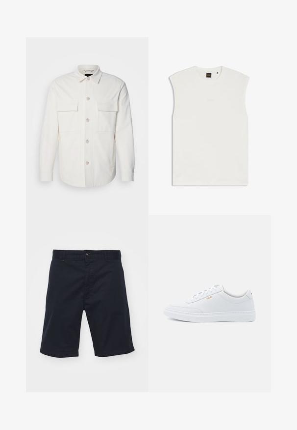 Weißes Hemd-Jackett aus weichem Stoff, mit zwei Fronttaschen, einer Knopfverschluss mit hellen Knöpfen und einem klassischen Kragen.; Weißes ärmelloses Rundhalsshirt mit dezentem "BOSS"-Logo auf der Brust und schwarzem Etikett am Kragen.; Navyblaue Baumwollshorts mit Knopfverschluss, geradem Schnitt und Seitentaschen. Sie verfügen über eine glatte Textur und ein schlichtes Design.; Weiße Leder-Sneaker mit glatter Textur, runder Zehenpartie und tonal abgestepptem Design. Mit blauen Schnürsenkeln und einem goldenen Logo an der Seite.