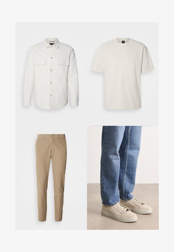 Hvid skjortejakke lavet af blødt stof, med to forlommer, en knaplukning med lyse knapper og en klassisk krave.; Kortærmet, crew-neck t-shirt i off-white bomuld med lige snit og minimal branding på kraven. Blød tekstur, uden mønstre.; Beige bukser lavet af glat stof med lige snit, der har en knaplukning og for- lommer, samt bæltestropper.; BOSS GARYTENN_SDHDEL - Sneakers - natural ten