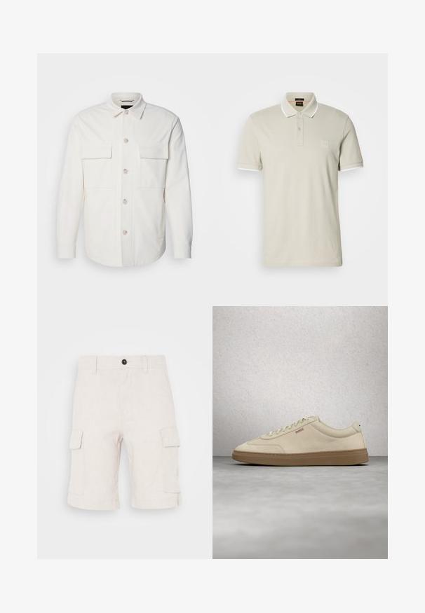 Weißes Hemd-Jackett aus weichem Stoff, mit zwei Fronttaschen, einer Knopfverschluss mit hellen Knöpfen und einem klassischen Kragen.; Hellbeiges Poloshirt aus Baumwolle. Verfügt über einen klassischen Kragen, eine Zweiknopfleiste und kontrastierende weiße Manschetten. Mit einem Logo-Patch versehen.; Beige Cargo-Shorts aus leichtem Stoff, mit zwei seitlichen Taschen und umgeschlagenem Saum. Knopfverschluss an der Taille.; Hellbeiger Wildledersneaker mit Gummisohle, auffälligen Schnürsenkeln und dezenten Nahtdetails. Sauberes Design mit minimalistischem Ästhetik.