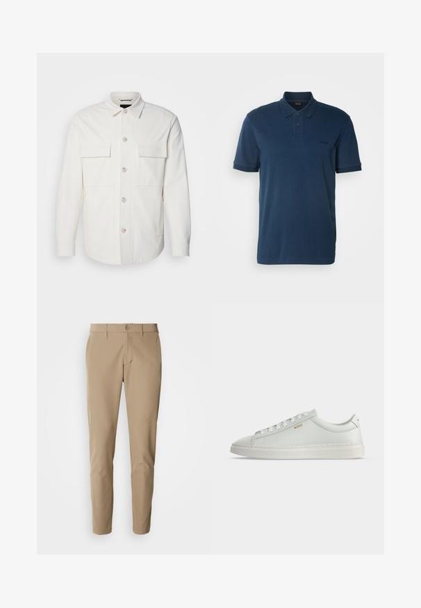 Veste blanche en tissu doux, dotée de deux poches avant, d'une fermeture à boutons avec des boutons de couleur claire et d'un col classique.; BOSS Polo - open blue; Pantalons beiges en tissu lisse avec une coupe droite, dotés d'une fermeture à bouton et de poches avant, accompagnés de passants de ceinture.; Baskets basses blanches en cuir avec lacets, semelle plate et petit logo doré "BOSS" sur le côté, vues de l'extérieur.