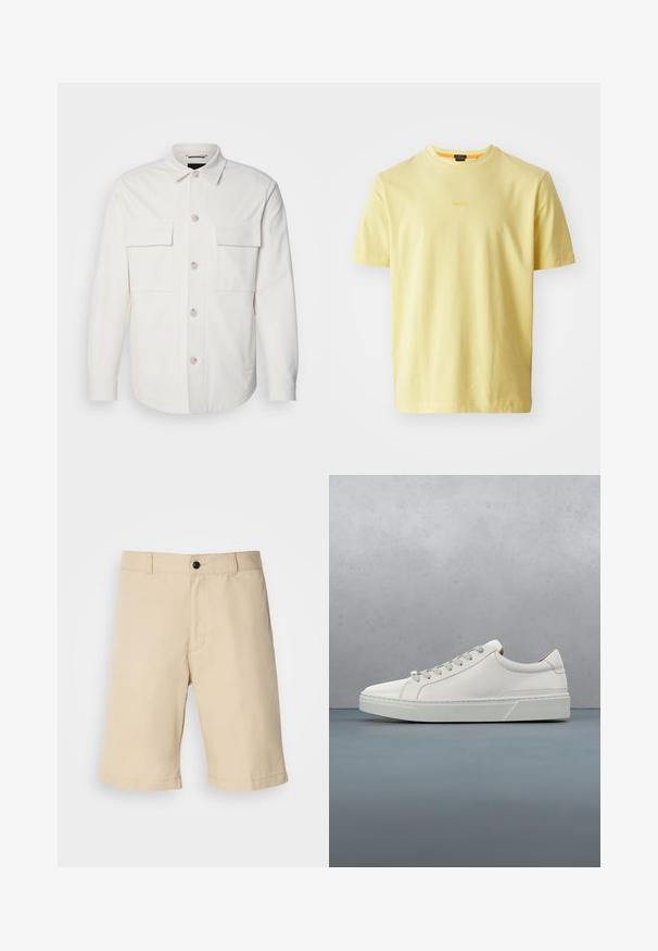 Witte shirtjas van zacht materiaal, met twee voorzakken, een knoopsluiting met lichte knopen en een klassieke kraag.; Lichtgeel katoenen t-shirt met een ronde hals en korte mouwen. Bevat een subtiele "BOSS"-logo in het midden. Zachte textuur, casual pasvorm.; Beige shorts gemaakt van lichte stof, met een platte voorkant, een standaard tailleband met knoopsluiting en een rechte zoom.; Witte leren sneaker met een ronde neus, minimalistisch ontwerp, grijze veters en een gestructureerde grijze rubberen zool. Fijne stikdetails zichtbaar.