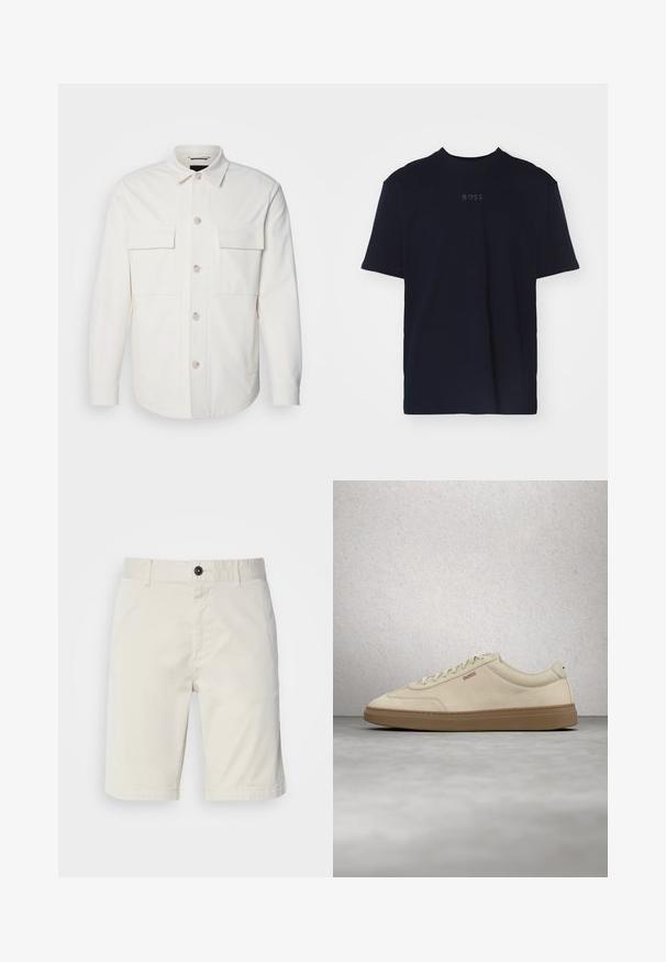Hvid skjortejakke lavet af blødt stof, med to forlommer, en knaplukning med lyse knapper og en klassisk krave.; Marineblå bomulds t-shirt med korte ærmer og rund neckline, prydet med et gråt "BOSS" logo centreret på brystet.; Lyse beige shorts lavet af bomuld, med knaplukning, forlommer og stikling. Glat tekstur med et afslappet design.; Lyse beige ruskindssneaker med gummisål i farven gum, tydelige snørebånd og fine syningsdetaljer. Ren design med et minimalistisk æstetisk udtryk.