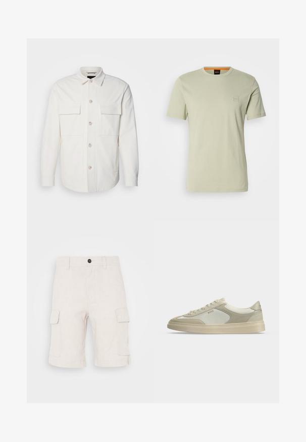 Weißes Hemd-Jackett aus weichem Stoff, mit zwei Fronttaschen, einer Knopfverschluss mit hellen Knöpfen und einem klassischen Kragen.; Hellgrünes T-Shirt mit kurzen Ärmeln aus Baumwolle. Verfügt über ein kleines quadratisches Logo auf der Brust und einen orangen Akzent am Ausschnitt.; Beige Cargo-Shorts aus leichtem Stoff, mit zwei seitlichen Taschen und umgeschlagenem Saum. Knopfverschluss an der Taille.; Beiger und elfenbeinfarbener Sneaker mit Schnürsenkeln, Wildlederdetails und "BOSS"-Logo an der Seite, seitlich auf neutralem Hintergrund abgebildet.