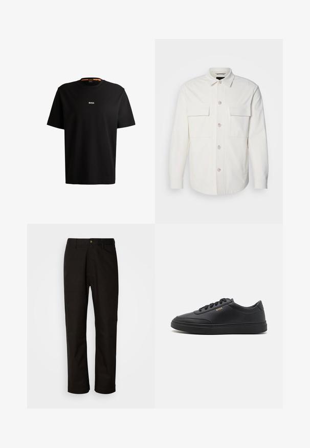Hvid skjortejakke lavet af blødt stof, med to forlommer, en knaplukning med lyse knapper og en klassisk krave.; Sort bomulds t-shirt med rund halsudskæring, korte ærmer og hvid "BOSS" logo centreret på brystet. Glat tekstur, afslappet pasform.; Sorte bomuldsbukser med lige pasform, bæltestropper, lynlås foran og en enkelt knappelukning. Glat tekstur uden synlige mønstre.; Sorte lædersneakers med en glat overflade, rund tå, flad gummisål og tonede snørebånd. Udstyret med guld "BOSS" branding på siden.