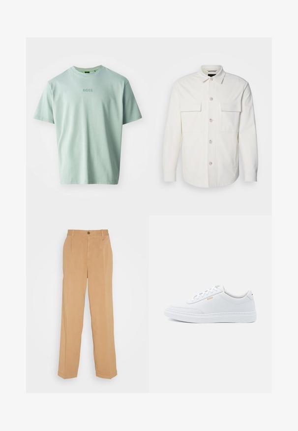 Veste blanche en tissu doux, dotée de deux poches avant, d'une fermeture à boutons avec des boutons de couleur claire et d'un col classique.; T-shirt vert clair en coton doux, avec des manches courtes et un col rond. Logo "BOSS" brodé sur le devant.; Pantalons larges beiges en tissu doux, dotés de deux poches avant, d'une fermeture à bouton et de plis le long des jambes.; Baskets blanches en cuir avec une texture lisse, bout rond et coutures tonales. Possède des lacets bleus et un logo doré sur le côté.